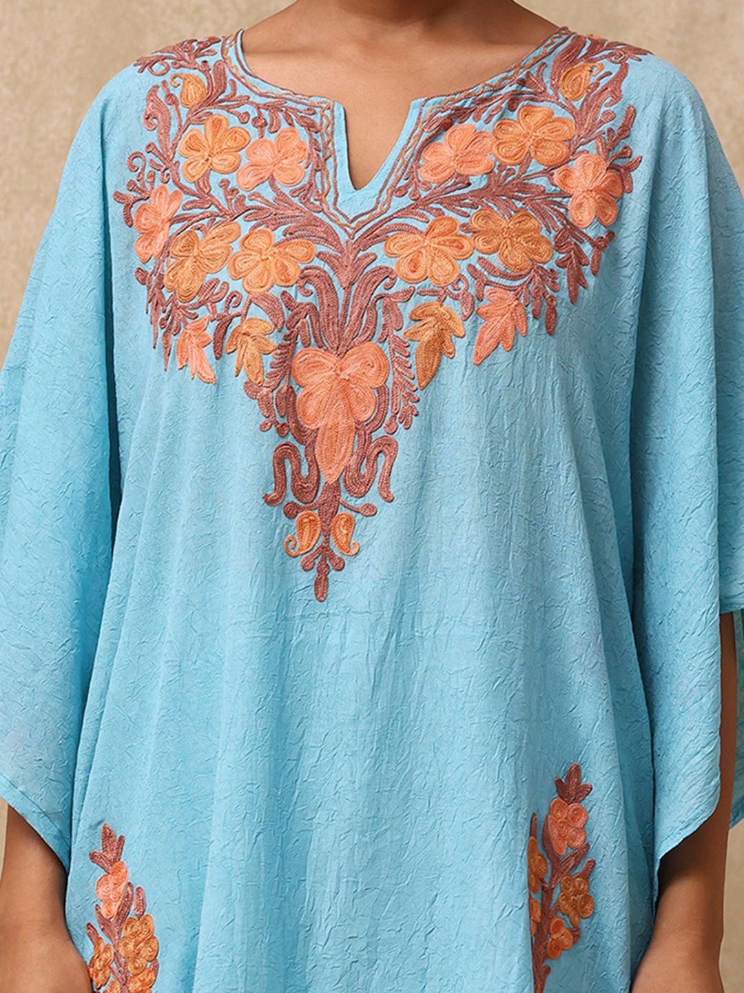 House of Chikankari Women Sky Blue Cotton Aari Embroidered Kaftan Set