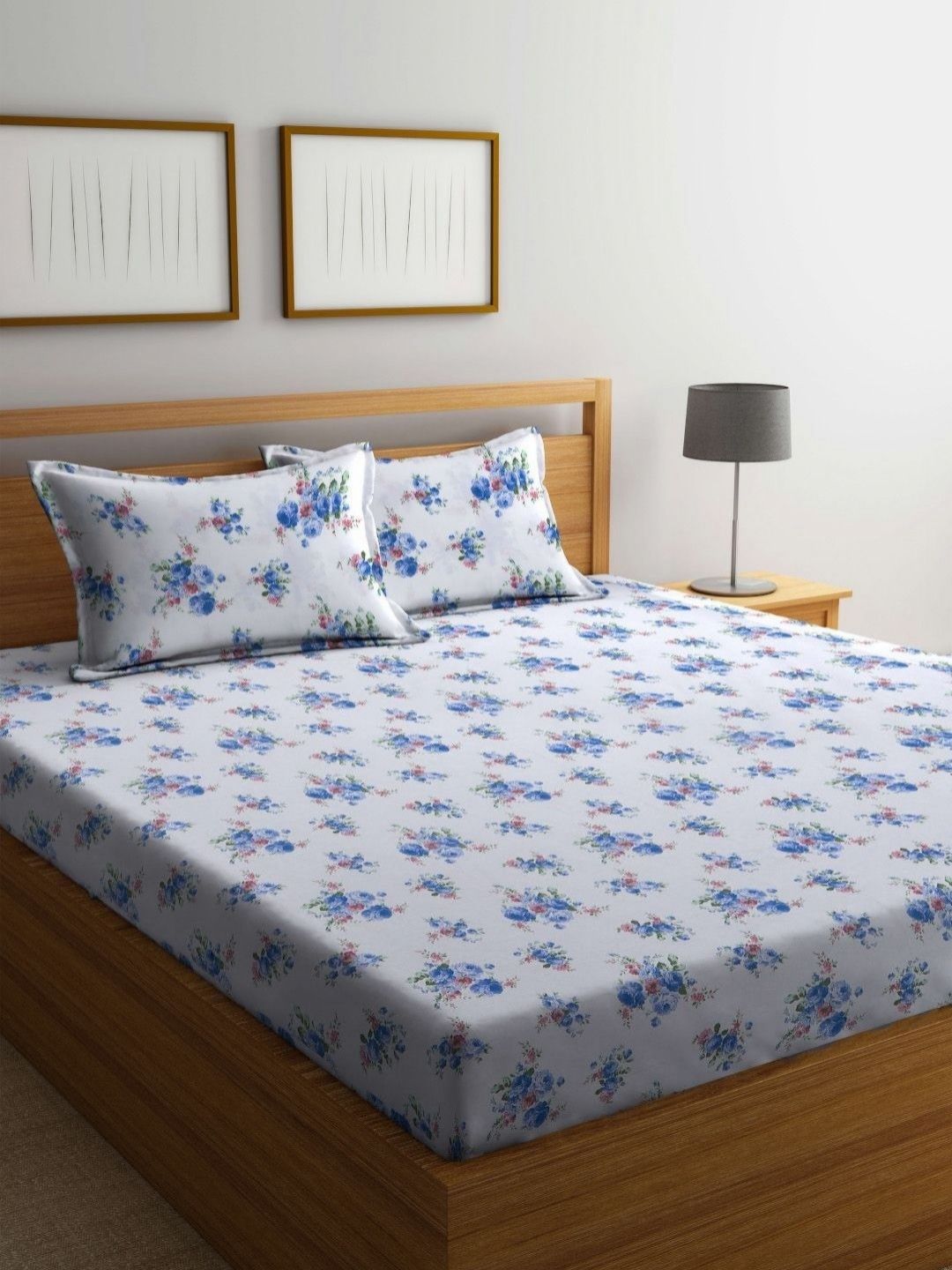 BOMBAY DYEING 525B Blue & White Floral 164 TC Pure Cotton Queen Bedsheet Set