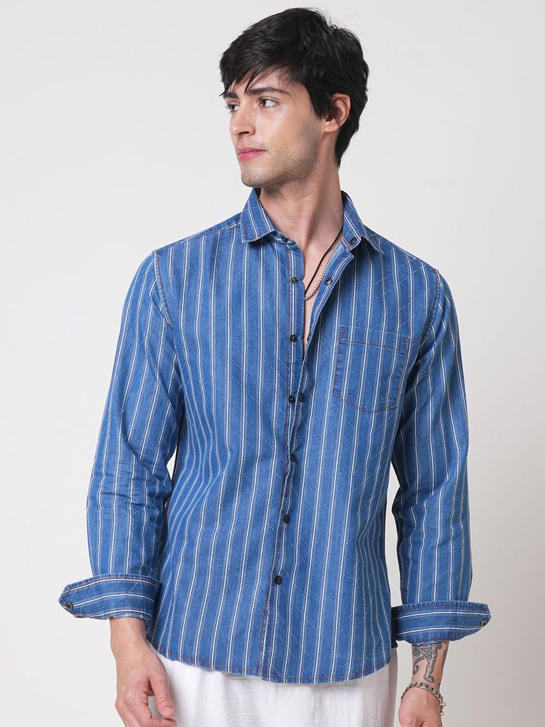 VASTRADO Men Classic Slim Fit Pinstripes Opaque Striped Casual Shirt