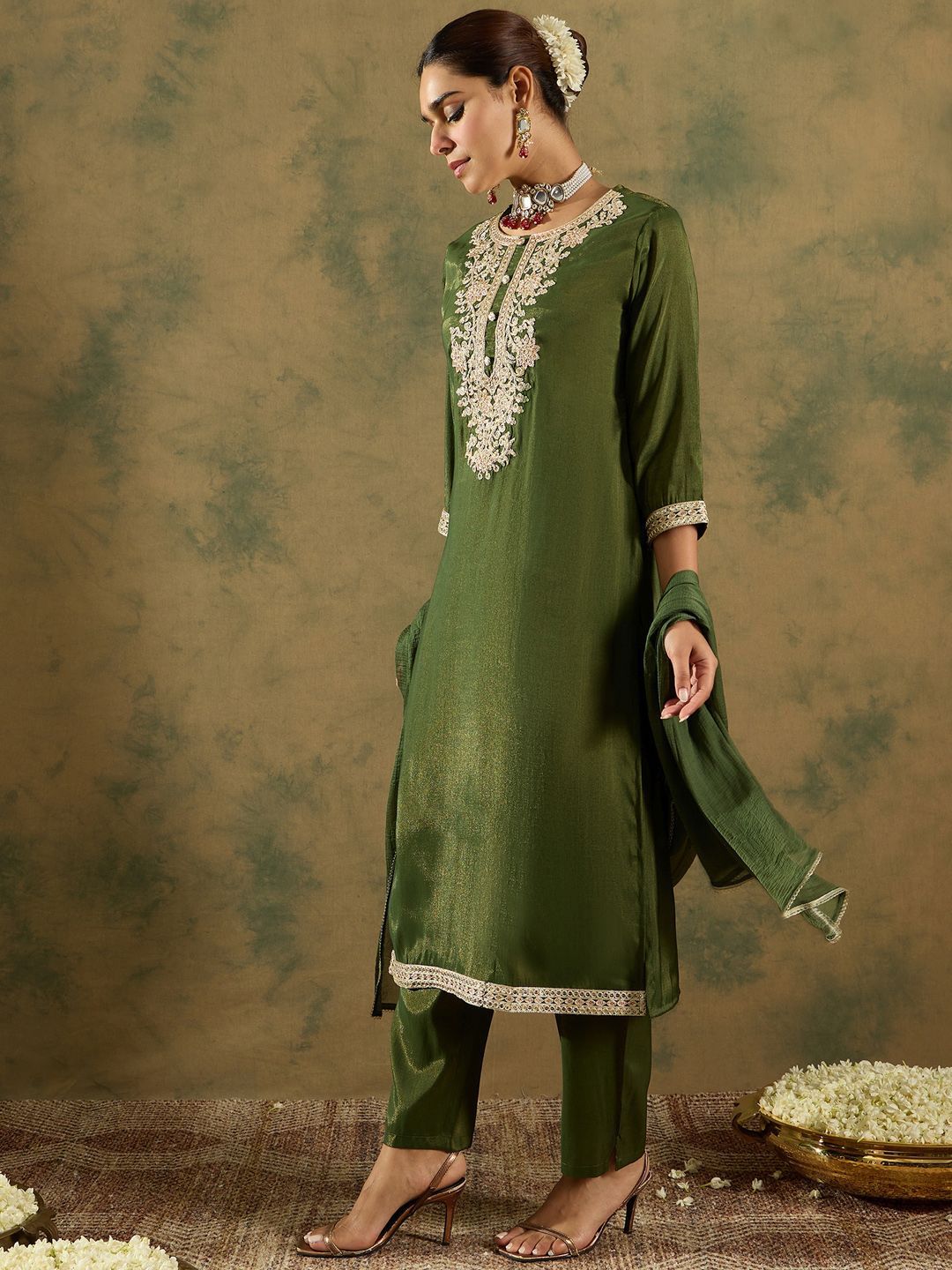 Indo Era Ethnic Motifs Zari Embroidered Kurta with Trouser & Dupatta