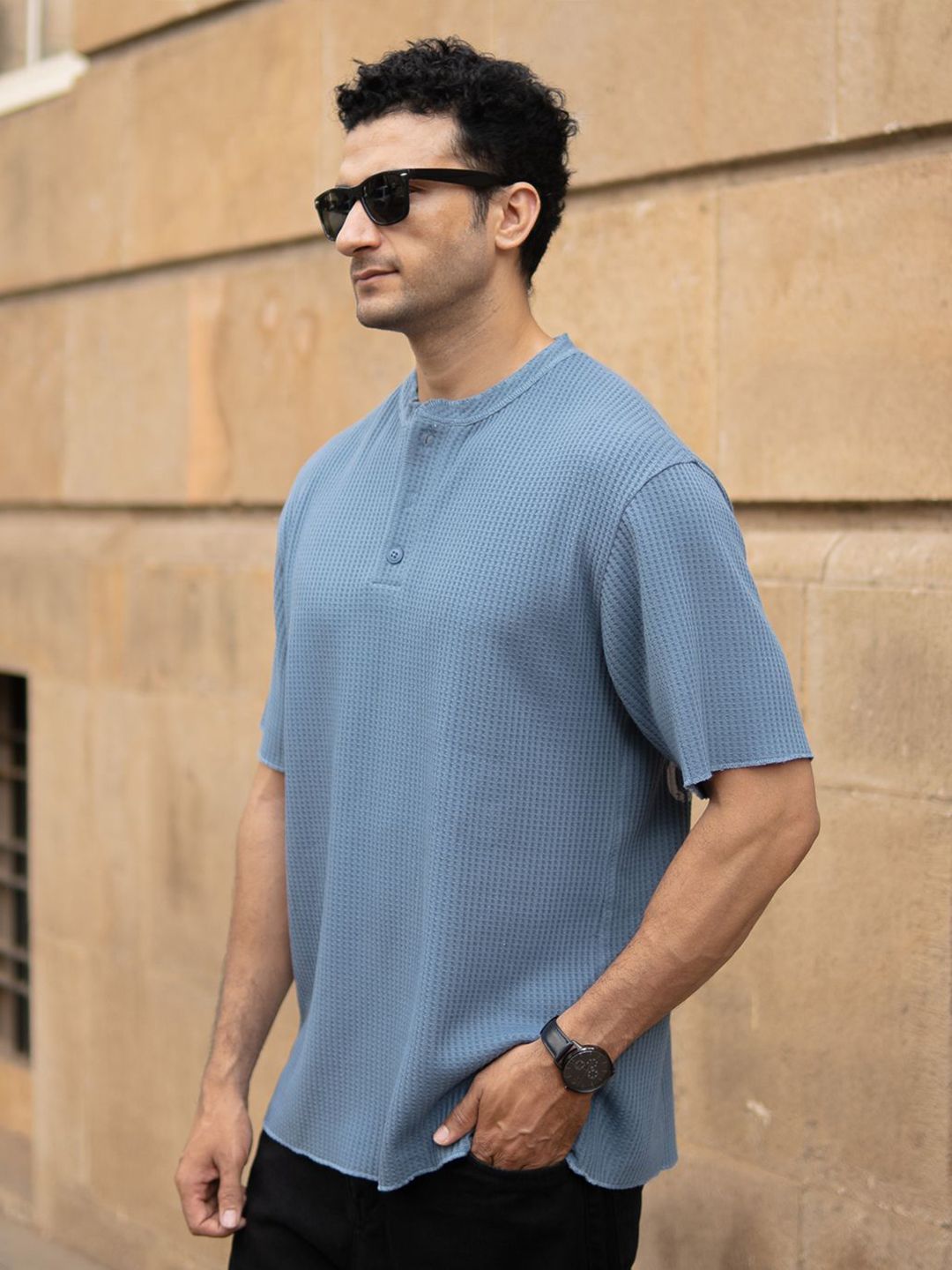 Powerlook SS25 Oversized Typography Printed Structure Knit Henley Neck T-Shirt