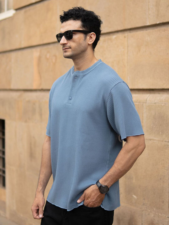 Powerlook SS25 Oversized Typography Printed Structure Knit Henley Neck T-Shirt