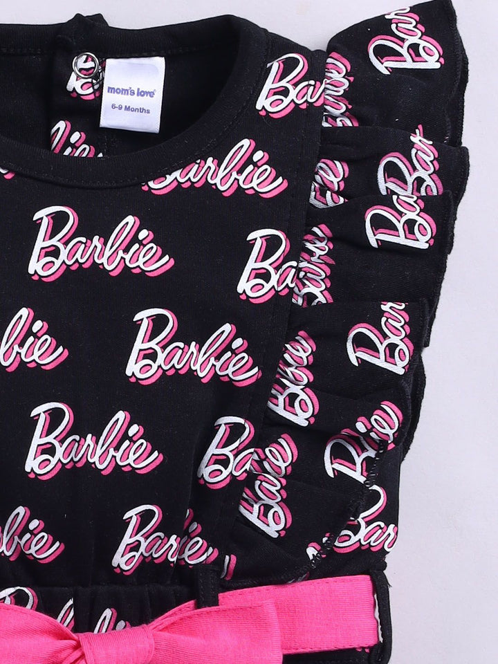 Moms Love Infant Girls Barbie Printed Pure Cotton Ruffled Basic Jumpsuit