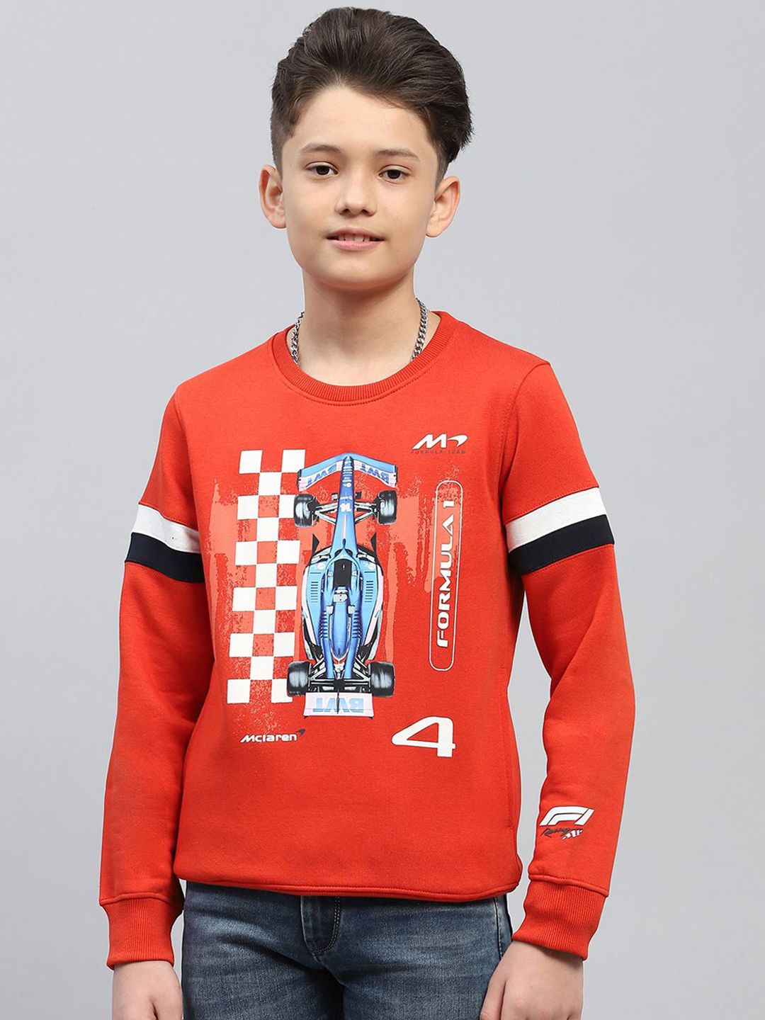 Monte Carlo Boys CottonOrange Round Neck Full Sleeves Pullover Printed Sweatshirt