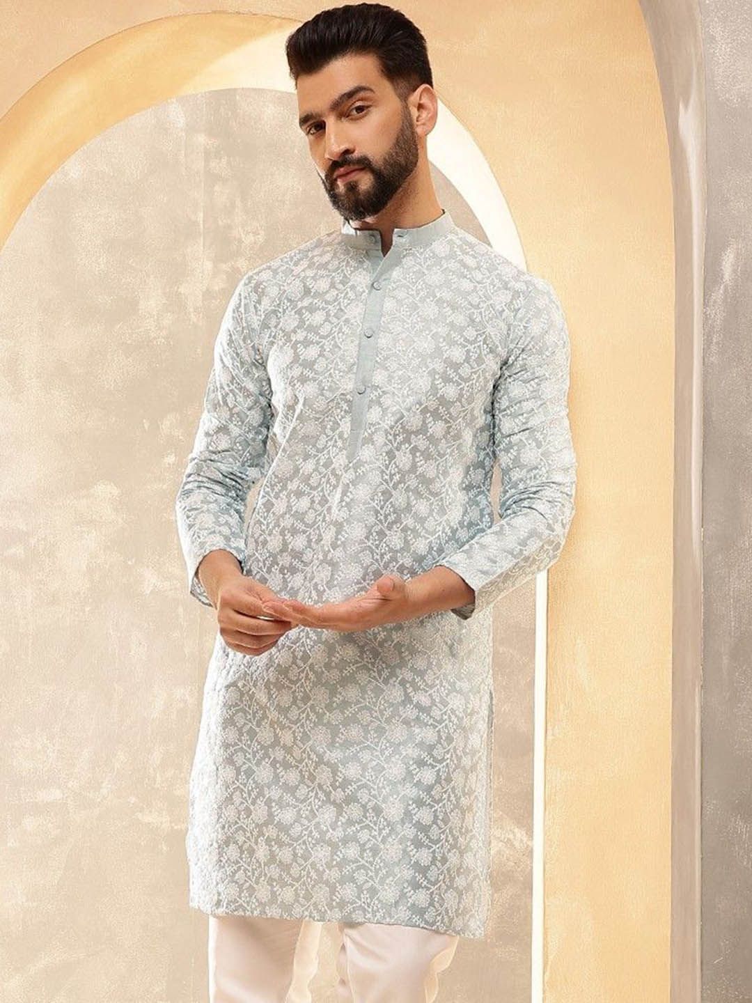 Anouk White Floral Sulam Band Kolar Kurta Lurus