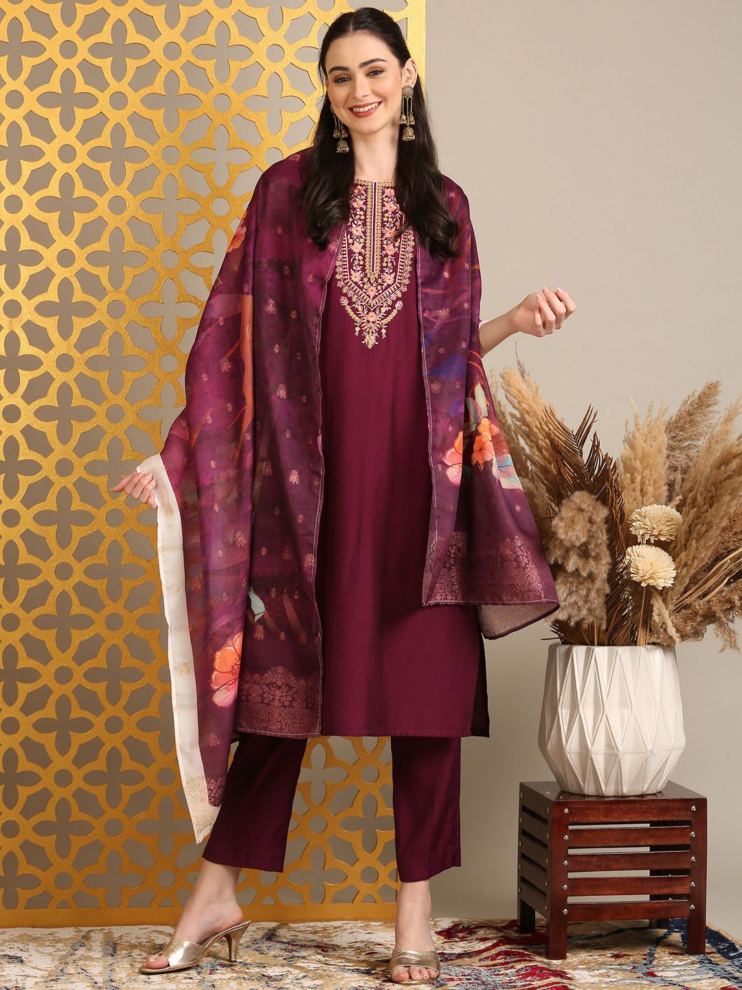 Anouk Maroon Floral Yoke Design Thread Work Straight Kurta With Trouser & Dupatta