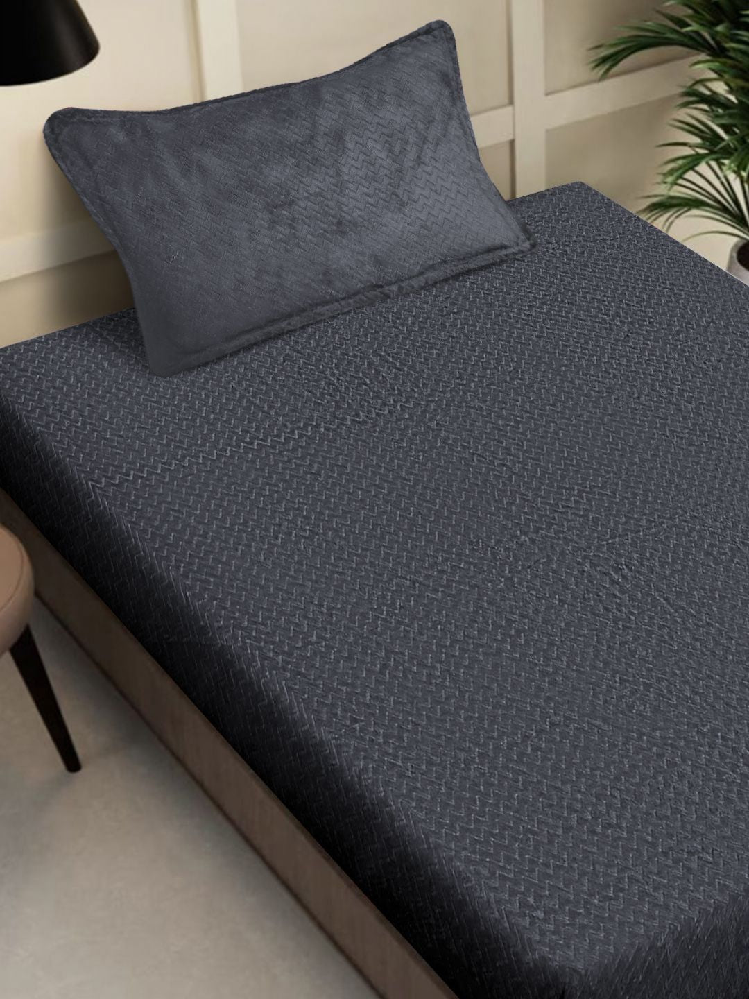 KLOTTHE Grey Abstract 300TC Woolen Single Fitted Bedsheet & 1 Pillow Cover