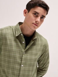 THE BEAR HOUSE Men Spread Collar Windowpane Checked Cotton Slim Fit Casual Shirt