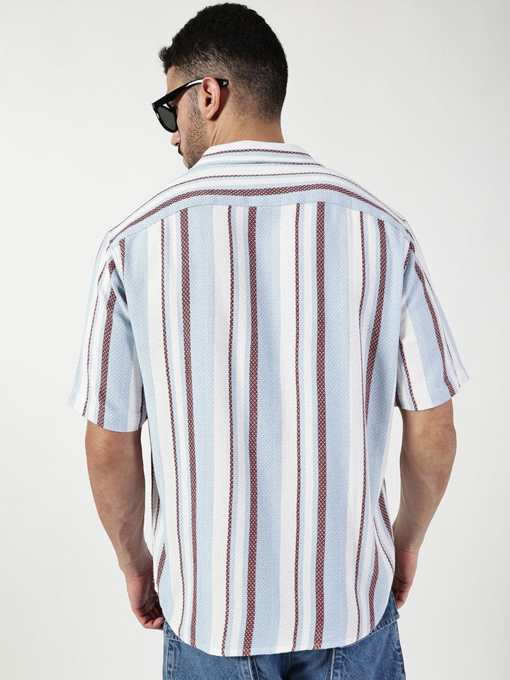 Thomas Scott Men Premium Spread Collar Vertical Striped Cotton Slim Fit Casual Shirt