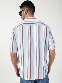 Thomas Scott Men Premium Spread Collar Vertical Striped Cotton Slim Fit Casual Shirt