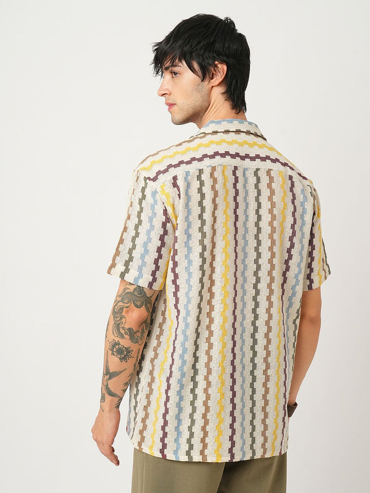 VASTRADO Men Classic Cuban Collar Vertical Striped Cotton Oversized Casual Shirt