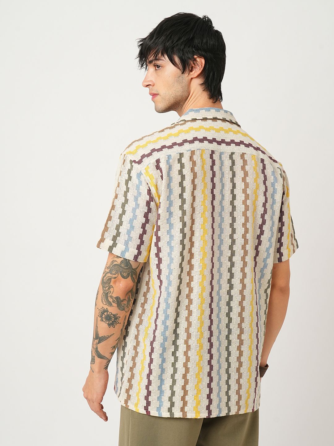 VASTRADO Men Classic Cuban Collar Vertical Striped Cotton Oversized Casual Shirt