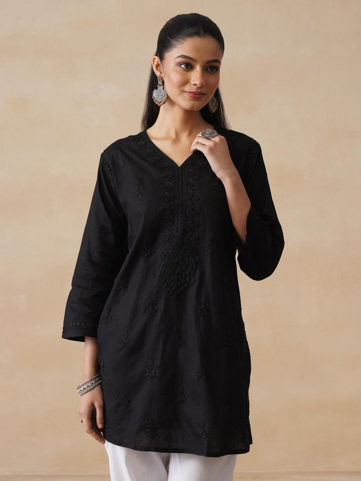 Rumah Chikankari Wanita Kapas Hitam Chikankari Sulam Kurti