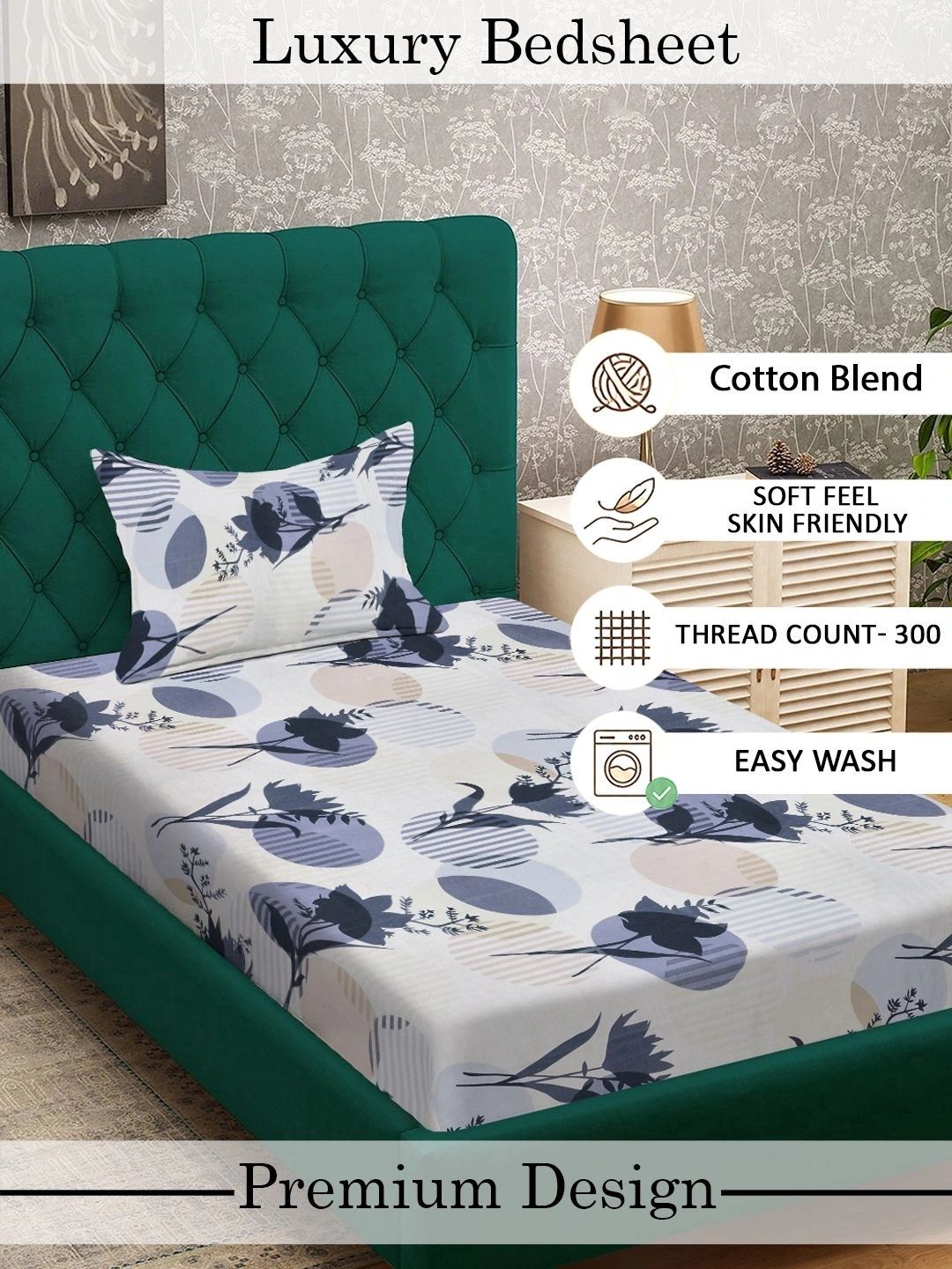 Myntra Elegant Homes Multicoloured Floral 300 TC Single Bedsheet with 1 Pillow Covers