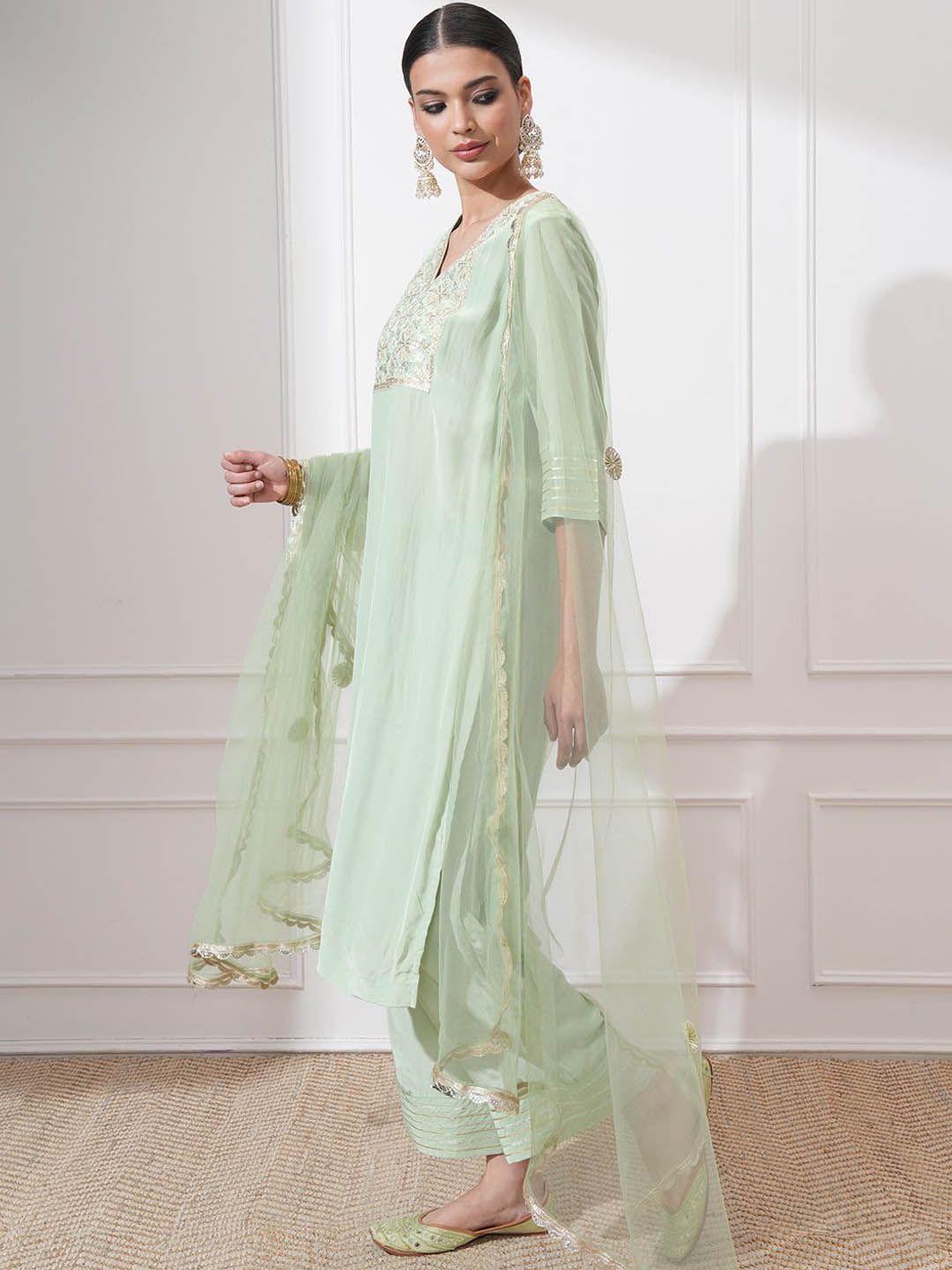 Vishudh Women Ethnic Motifs Embroidered Regular Kurta with Trousers & With Dupatta
