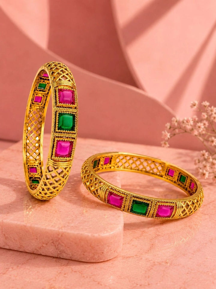 PANASH Set Of 2 Gold-Plated Artificial Stones Studded Bangles