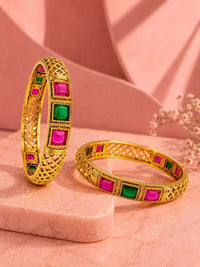 PANASH Set Of 2 Gold-Plated Artificial Stones Studded Bangles