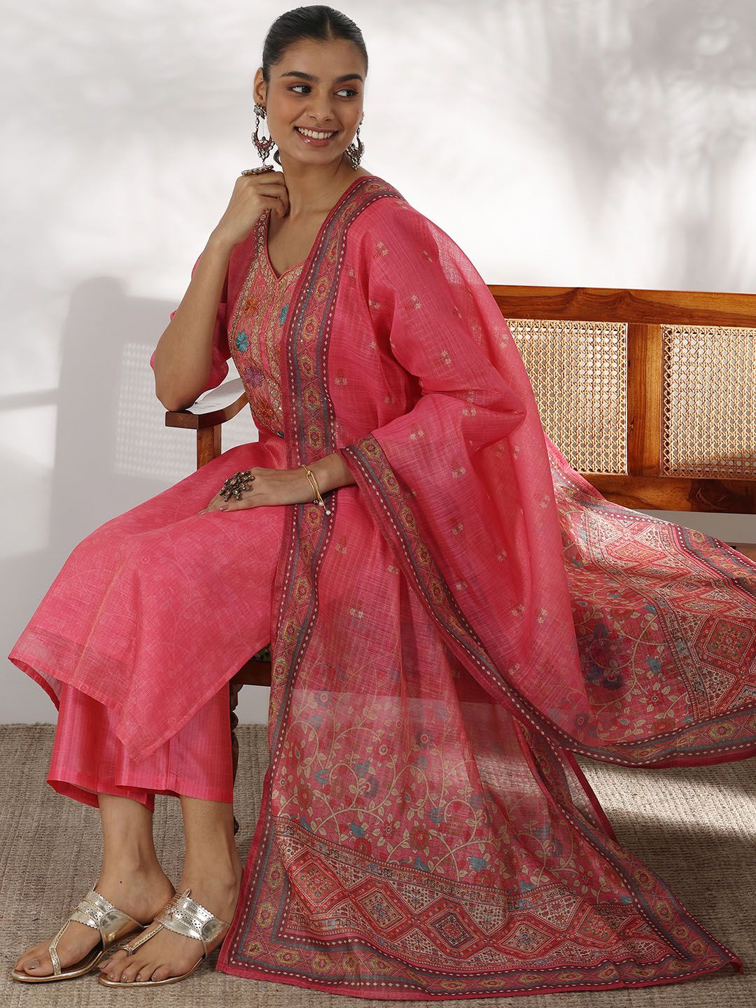 Libas Floral Yoke Design Sequinned Straight Kurta with Trousers & With Dupatta