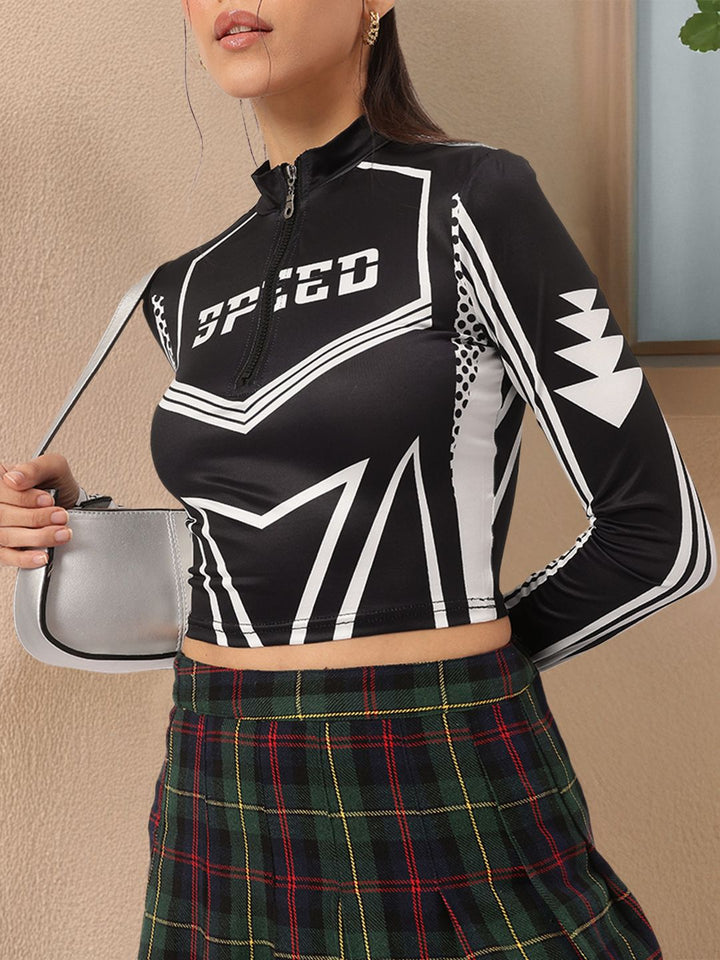 DressBerry Sporty Chic Monochrome Half Zipper Fitted Crop Top