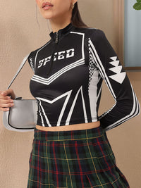DressBerry Sporty Chic Monochrome Half Zipper Fitted Crop Top