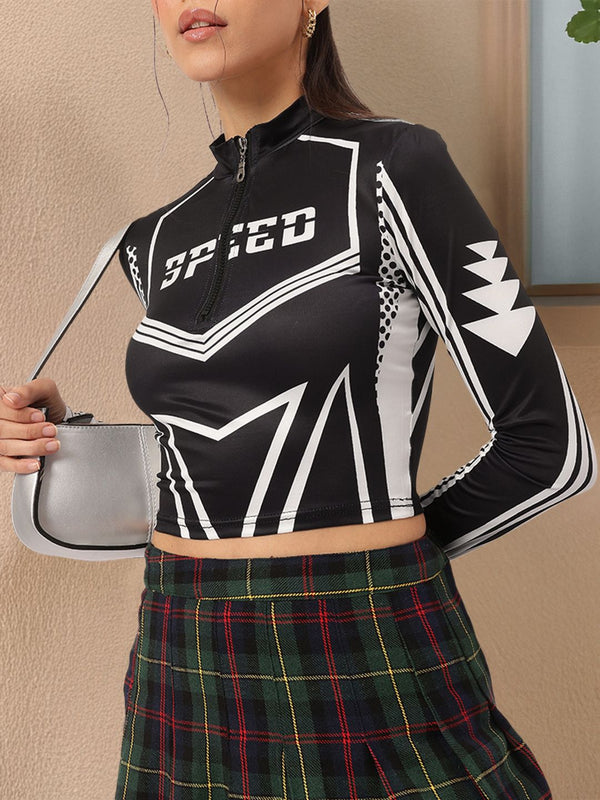 DressBerry Sporty Chic Monochrome Half Zipper Fitted Crop Top