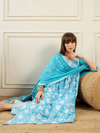 Indo Era Floral Printed A-Line Mirror Work Pure Cotton Kurta with Trousers & Dupatta