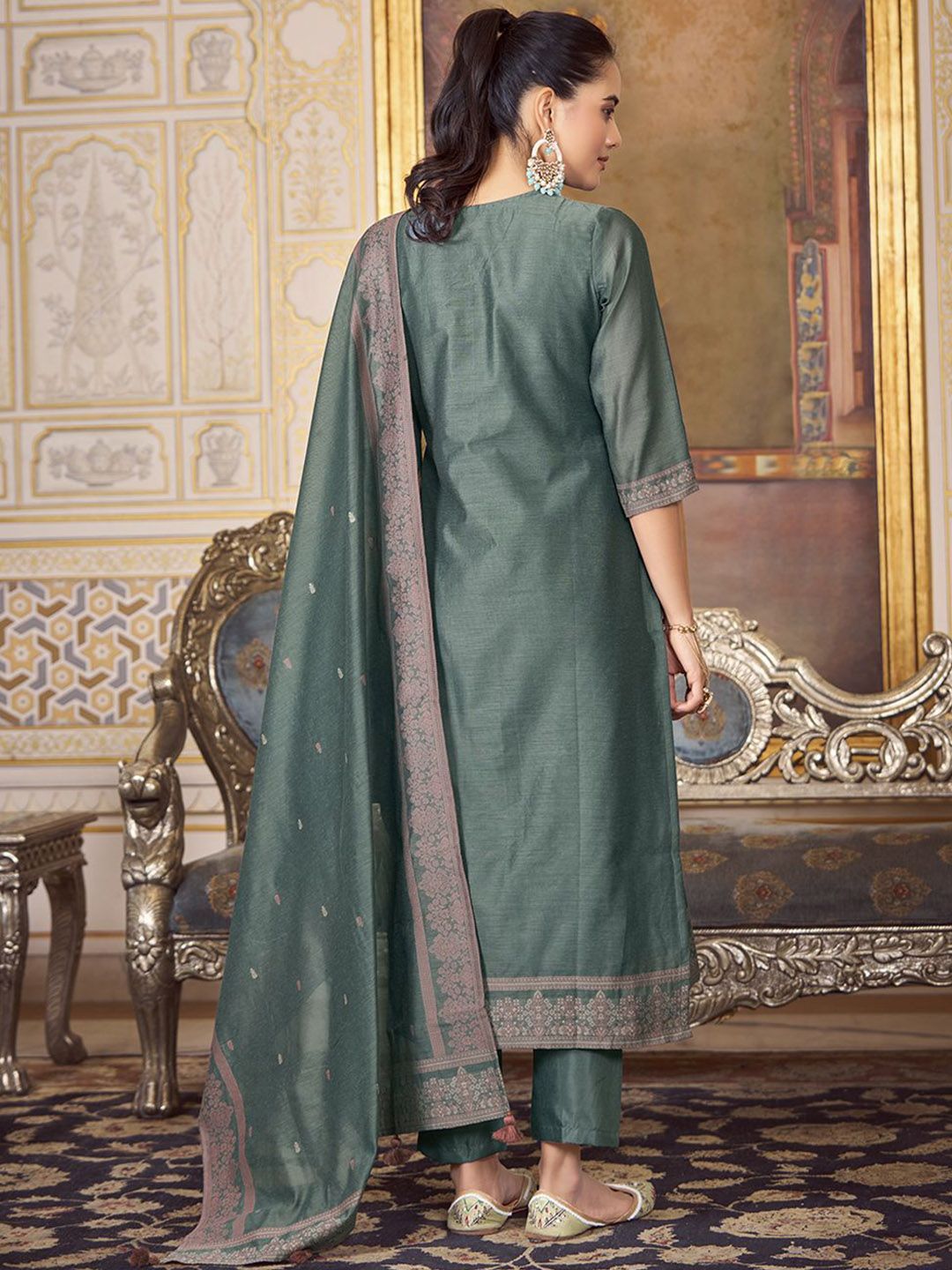 KALINI Women Woven Straight Silk Blend Kurta with Trousers & With Dupatta