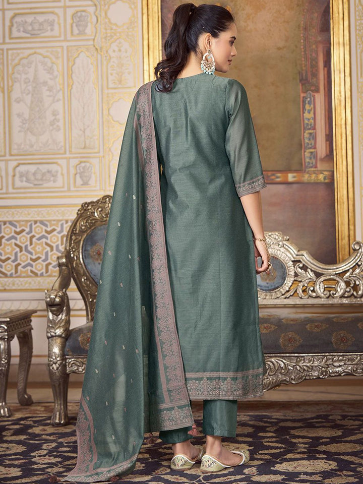 KALINI Women Woven Straight Silk Blend Kurta with Trousers & With Dupatta