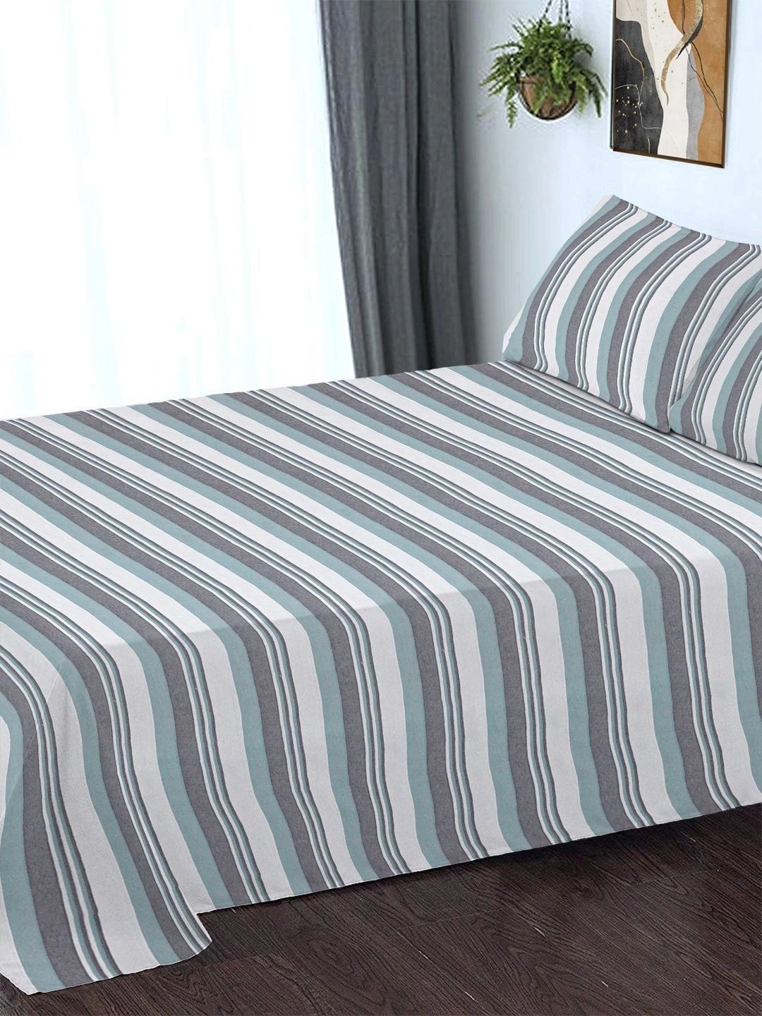 Myntra Elegant Homes Green Striped Pure Cotton Double Bedcover With 2 Pillow Cover