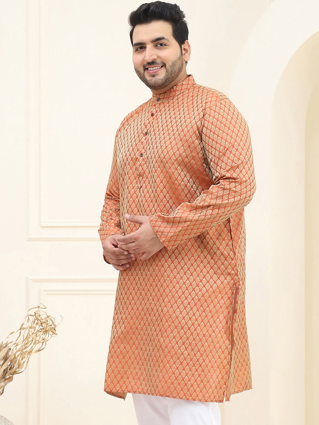 SOJANYA Plus Motif Etnik Rekaan Tenunan Kolar Mandarin Kurta Lurus Lengan Panjang