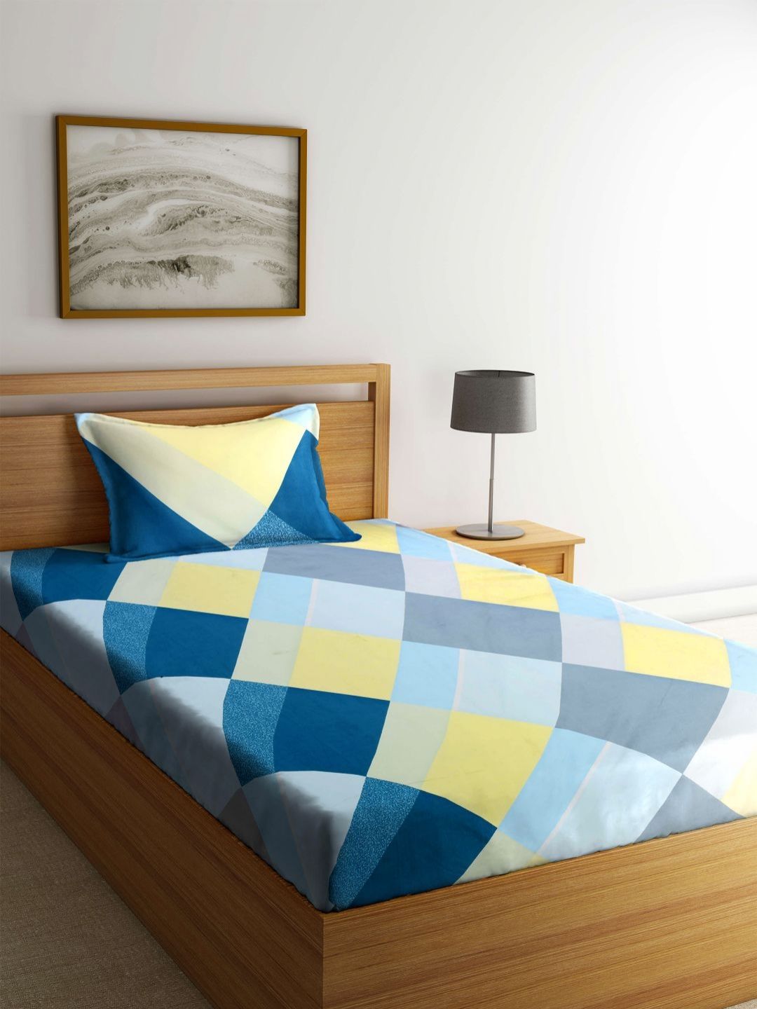Myntra Elegant Homes Blue & Yellow Printed 300 TC Single Bedsheet Set 2.25 m x 1.50 m