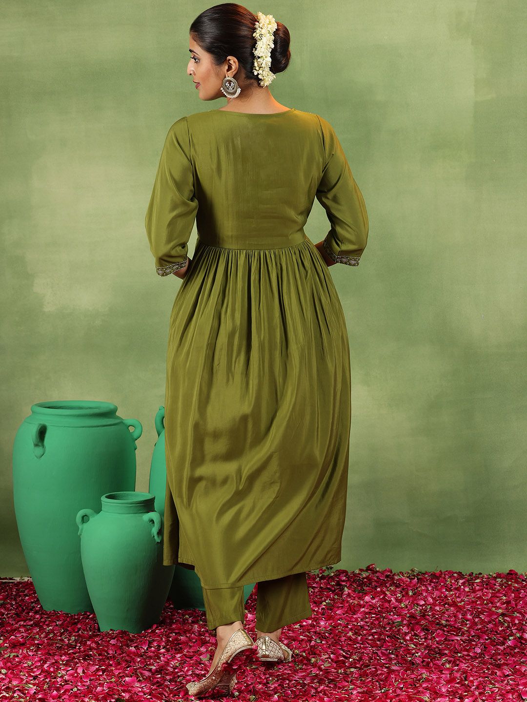 Libas Floral Embroidered V-Neck A-Line Kurta With Trousers