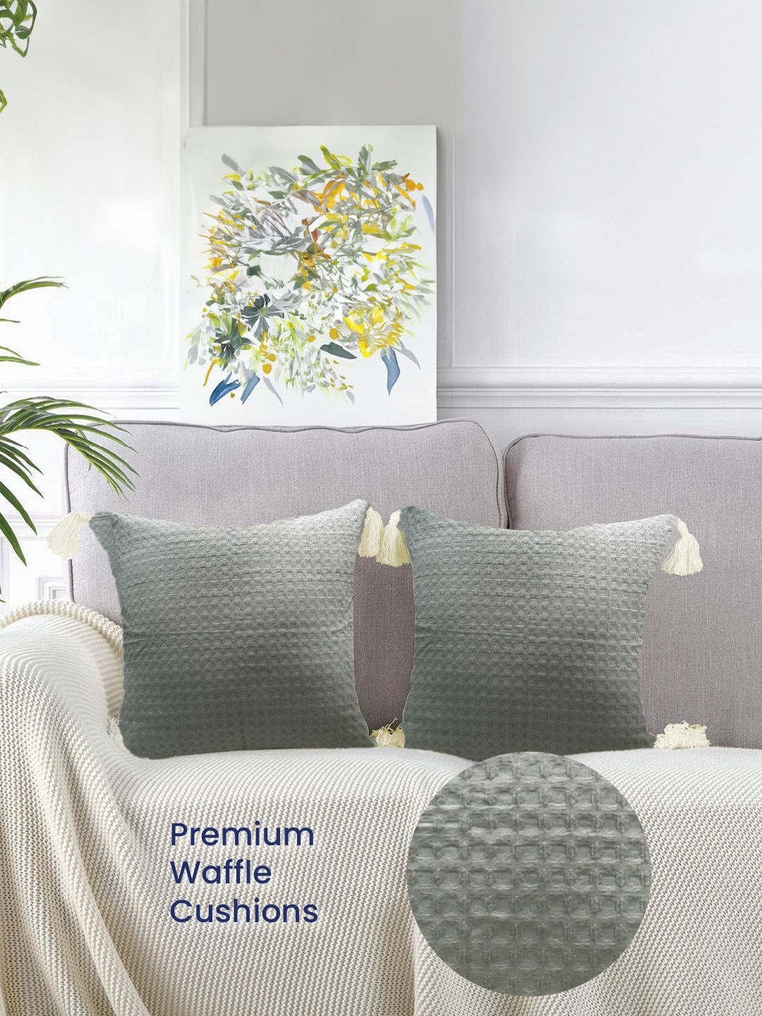 URBAN SPACE Grey 2 Pieces Checked Pure Cotton Square Cushion Covers