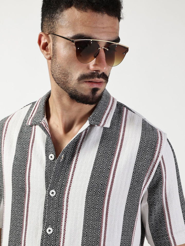 Thomas Scott Men Premium Spread Collar Vertical Striped Cotton Slim Fit Casual Shirt