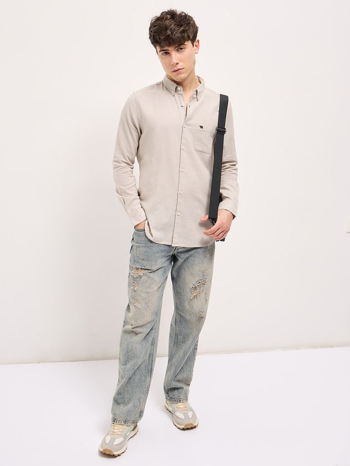 THE BEAR HOUSE Men Button-Down Collar Solid Slim Fit Cotton Shirt