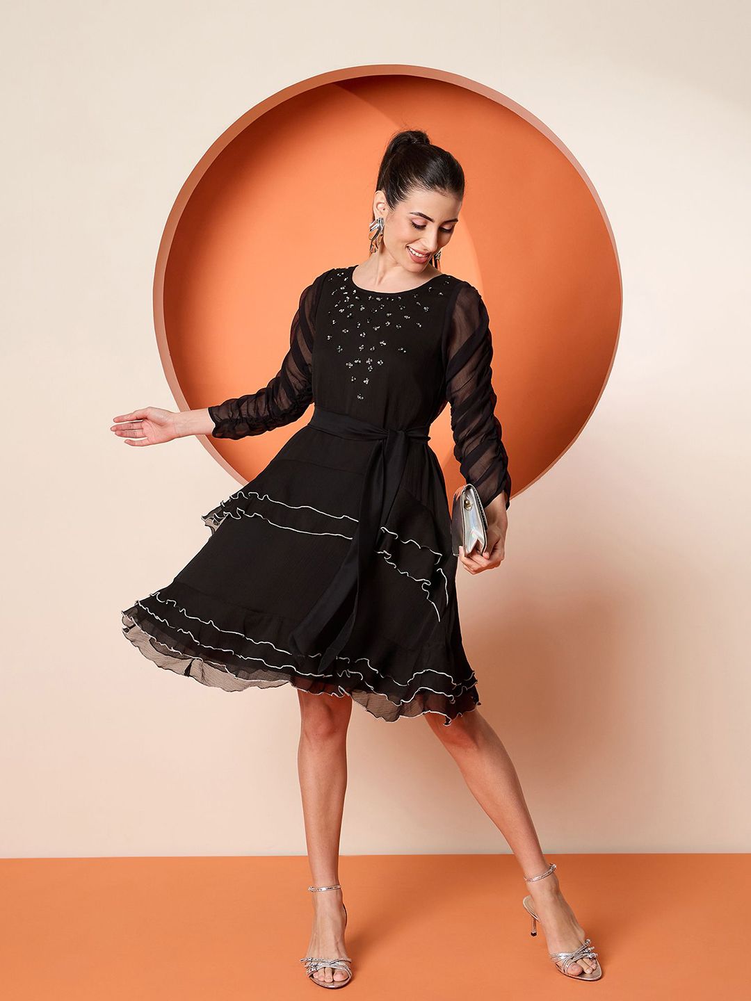 Antheaa Embellished Chiffon A-Line Dress