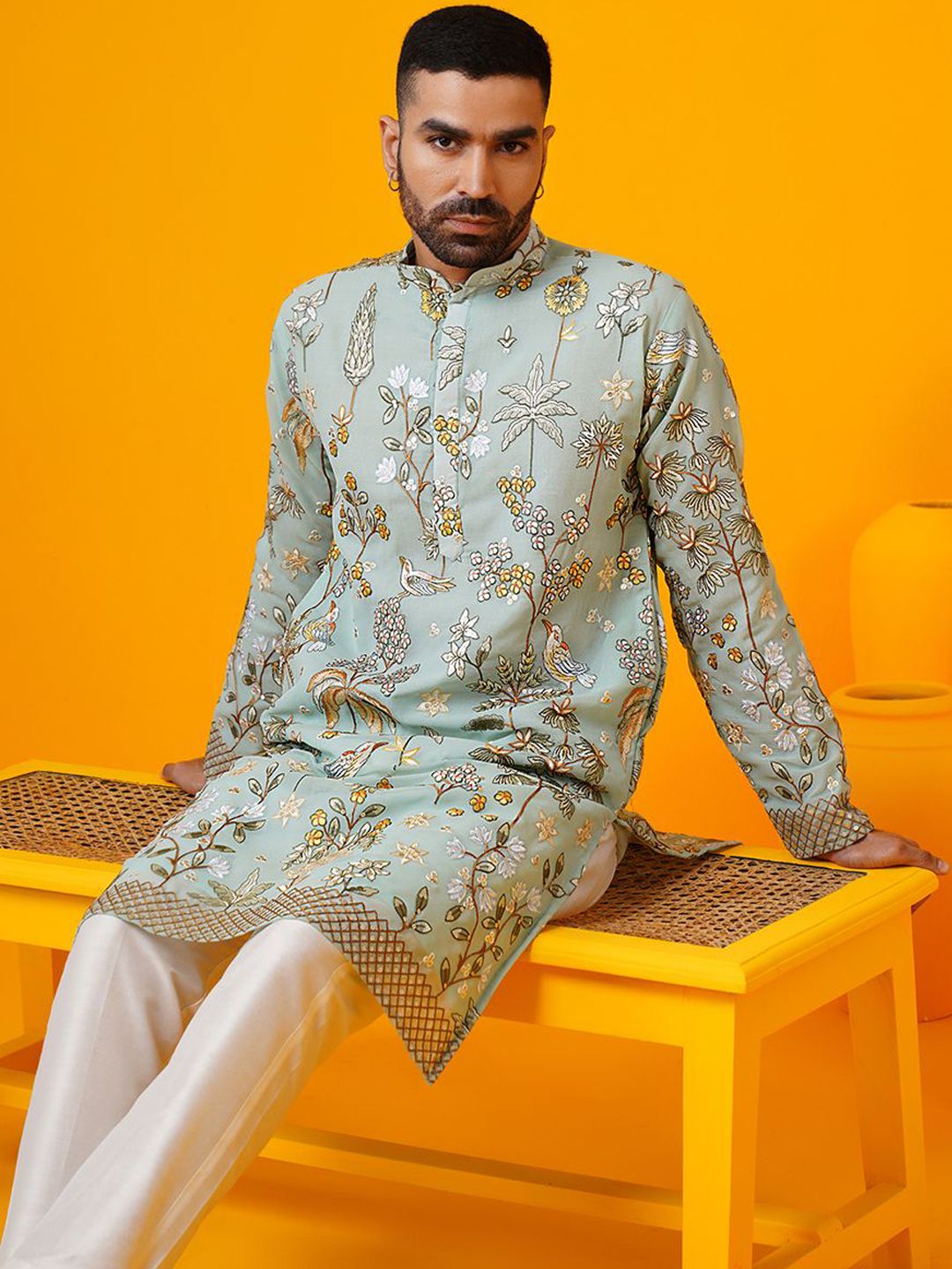 SOJANYA LUXE Floral Embroidered Sequinned Mandarin Collar Straight Georgette Kurta