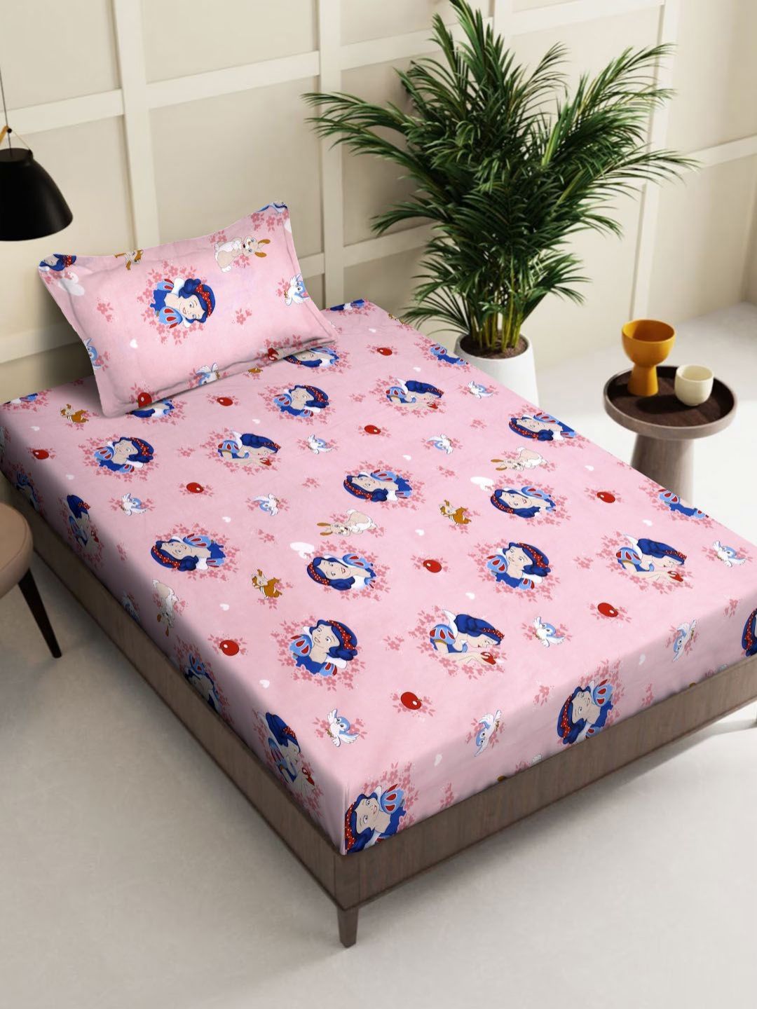 KLOTTHE Pink Printed 400 TC Pure Cotton Single Bedsheet With 1 Pillow Covers