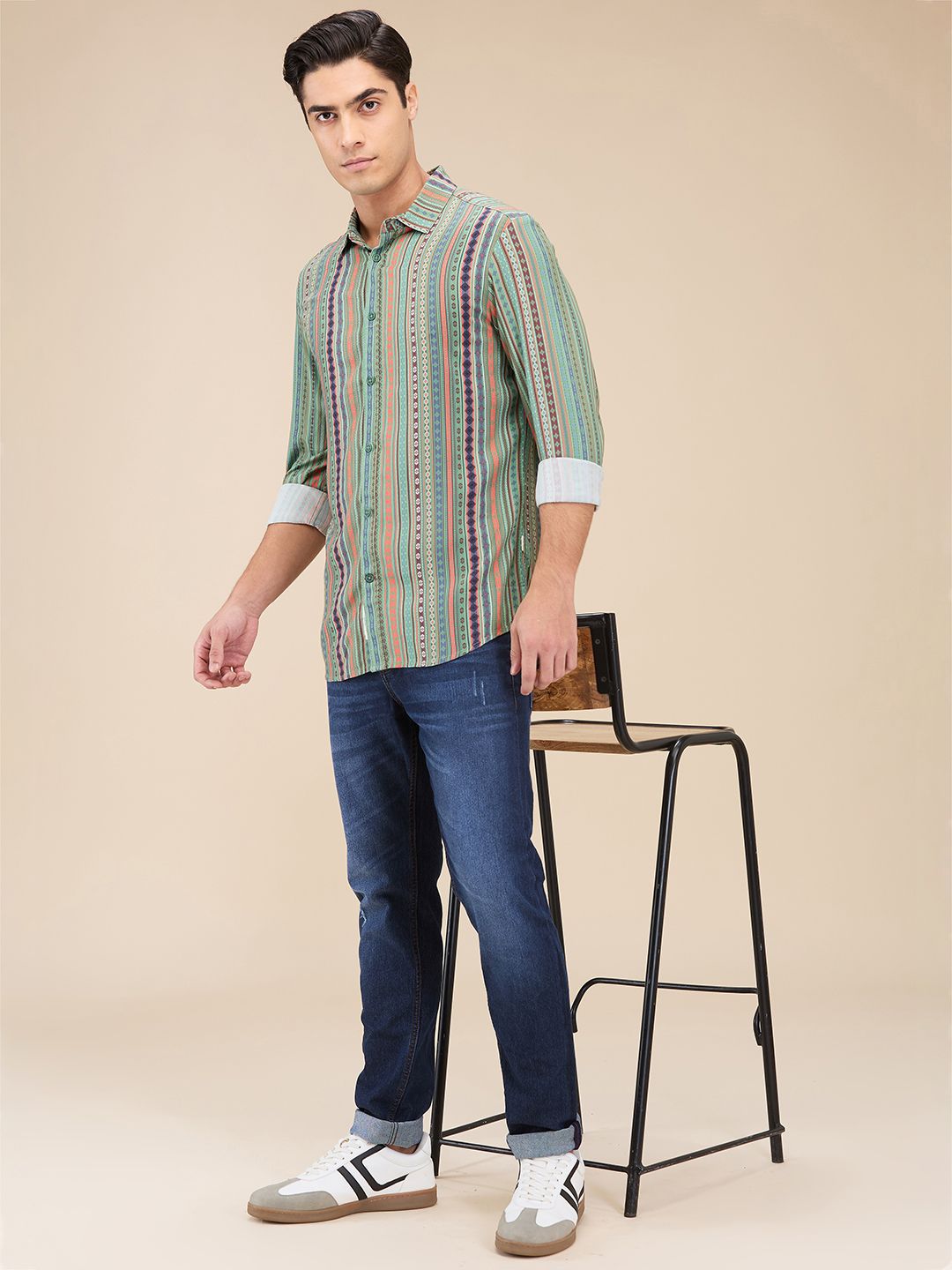 Being Human Men Spread Collar Vertical Striped Cotton Slim Fit Casual Shirt