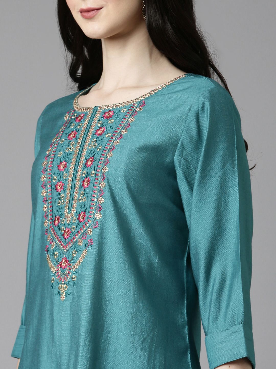 Anouk Sea Green Ethnic Motifs Embroidered Straight Kurta With Trousers & Dupatta