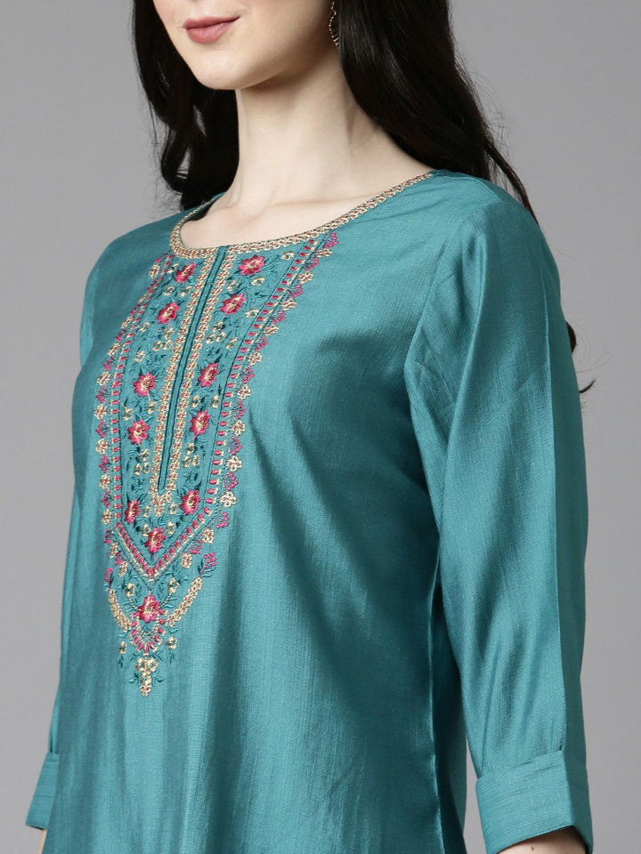 Anouk Sea Green Ethnic Motifs Embroidered Straight Kurta With Trousers & Dupatta
