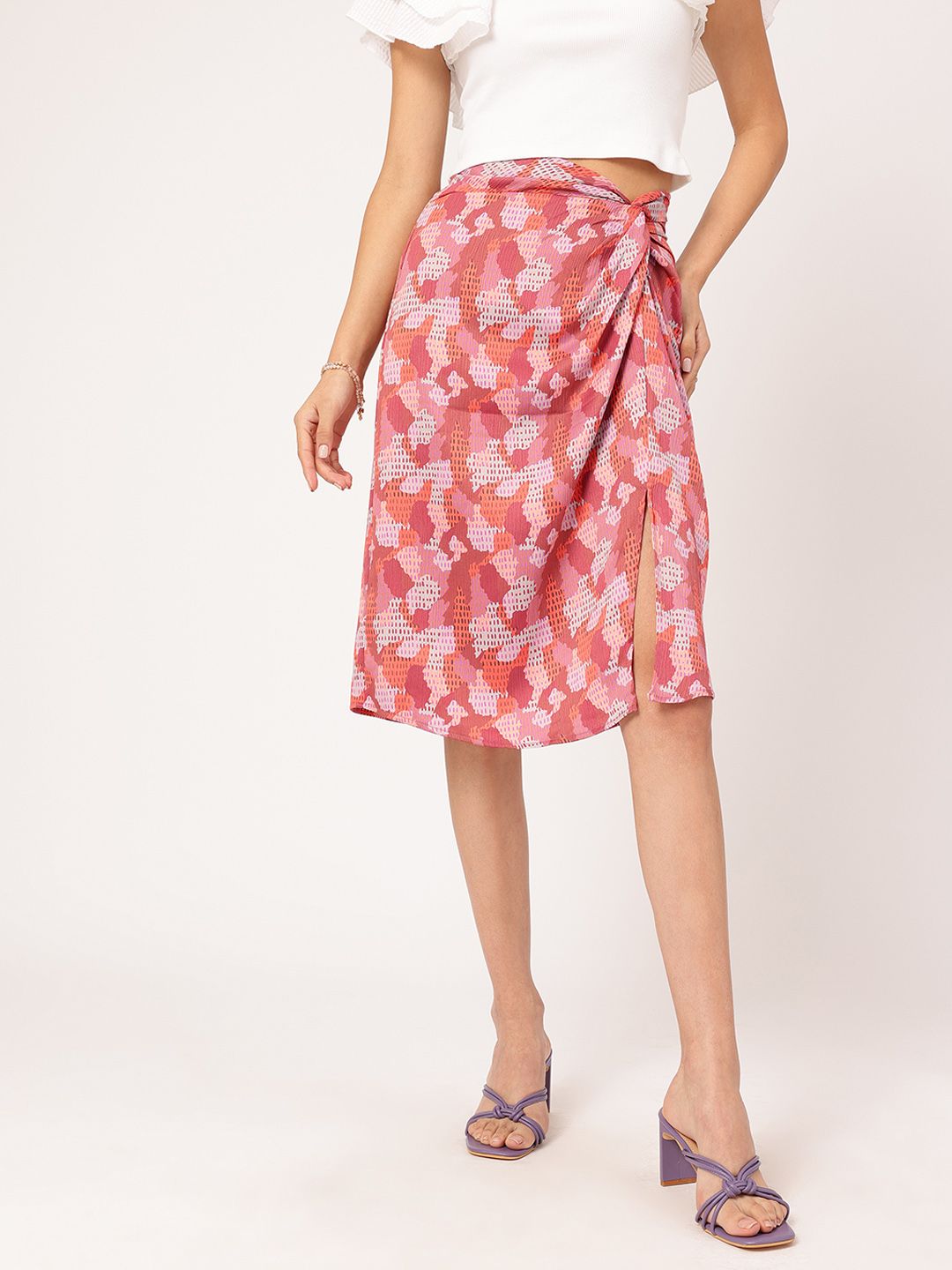 DressBerry Effortlessly Stylish High-Slit Floral Printed Twisted Skirt