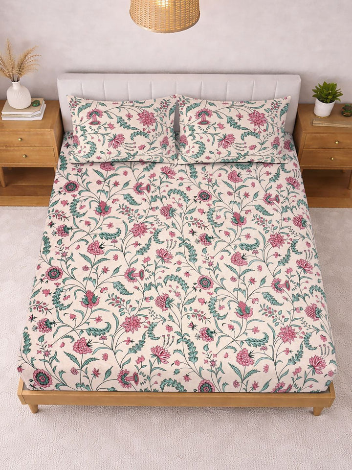 KLOTTHE Beige & Blue Printed 300 TC Double Bedsheet With 2 Pillow Covers- 2.5 m x 2.25 m
