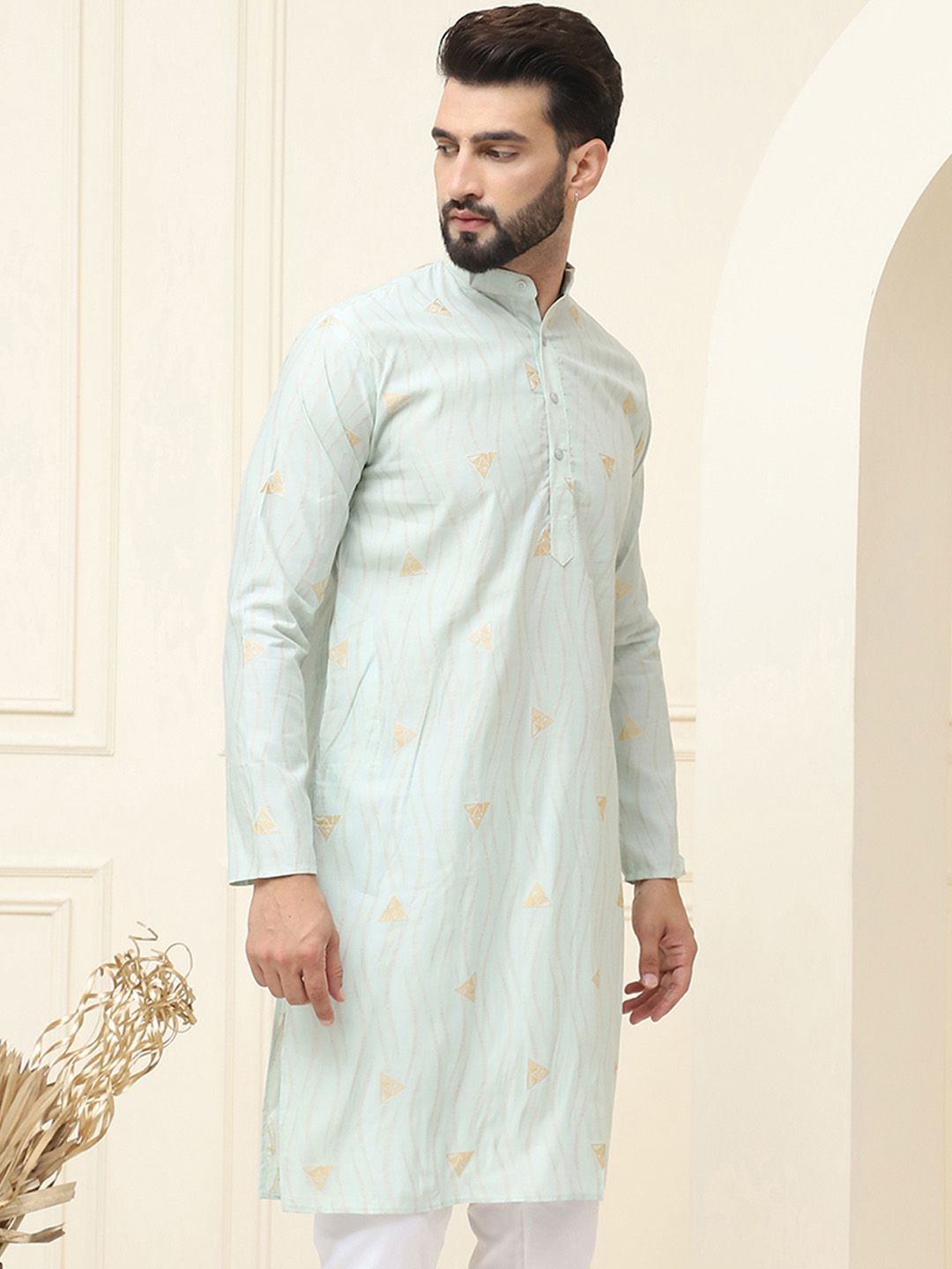 SOJANYA Geometric Woven Design Band Collar Neck Regular Cotton Silk Kurta