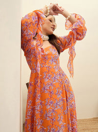 SASSAFRAS Floral Print Flutter Sleeve Georgette Fit & Flare Maxi Dress
