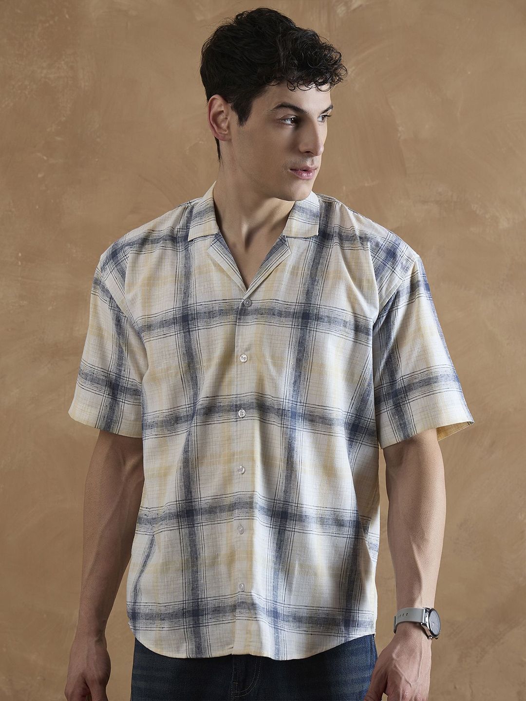 DENNISON Men Oversized Checked Cuban Collar Shirt