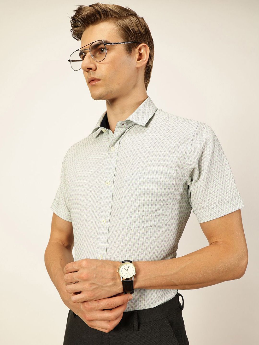 Thomas Scott Men Smart Micro Checked Spread Collar Formal Shirt