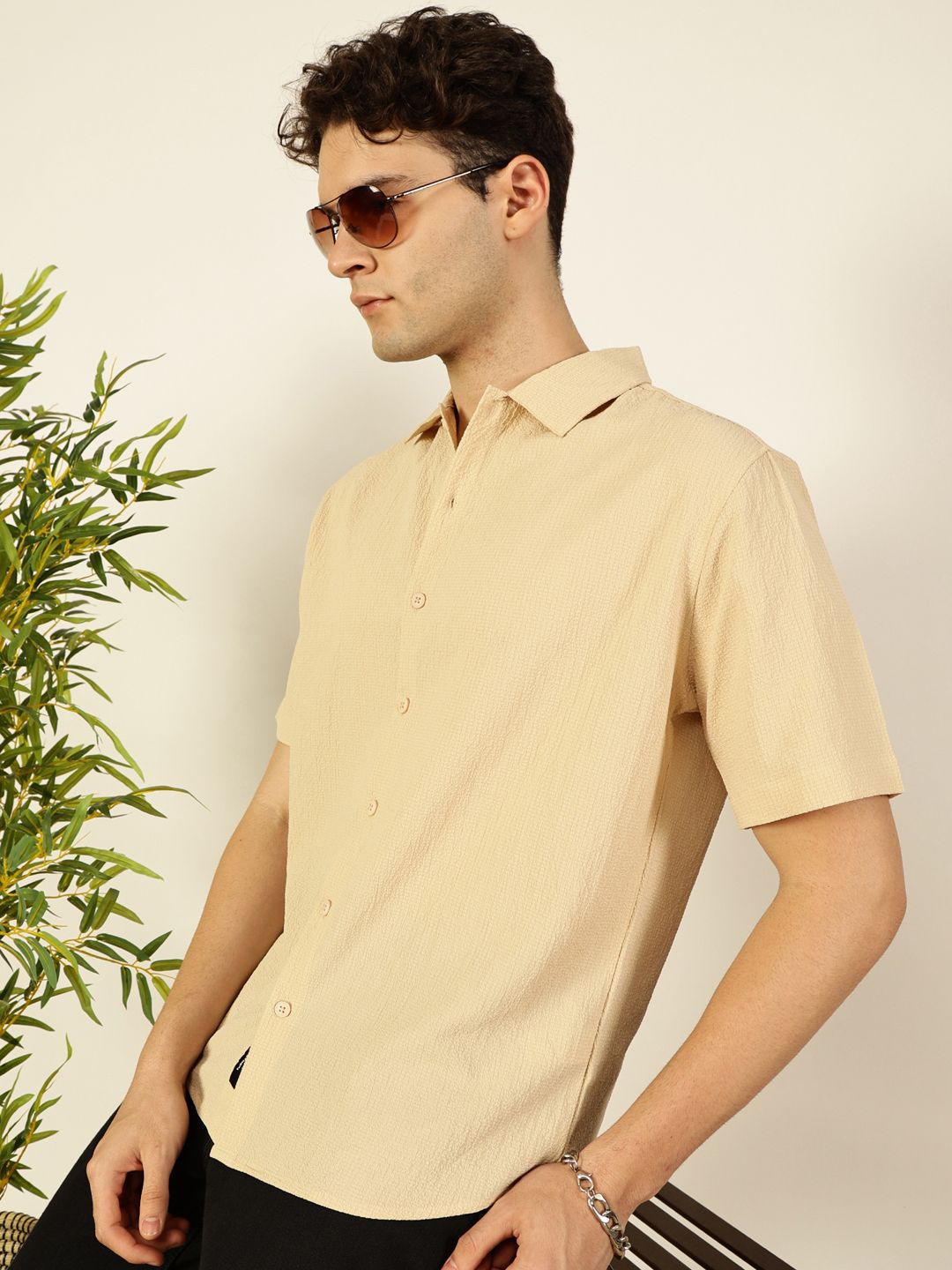 Thomas Scott Men Premium Spread Collar Textured Cotton Casual Shirt