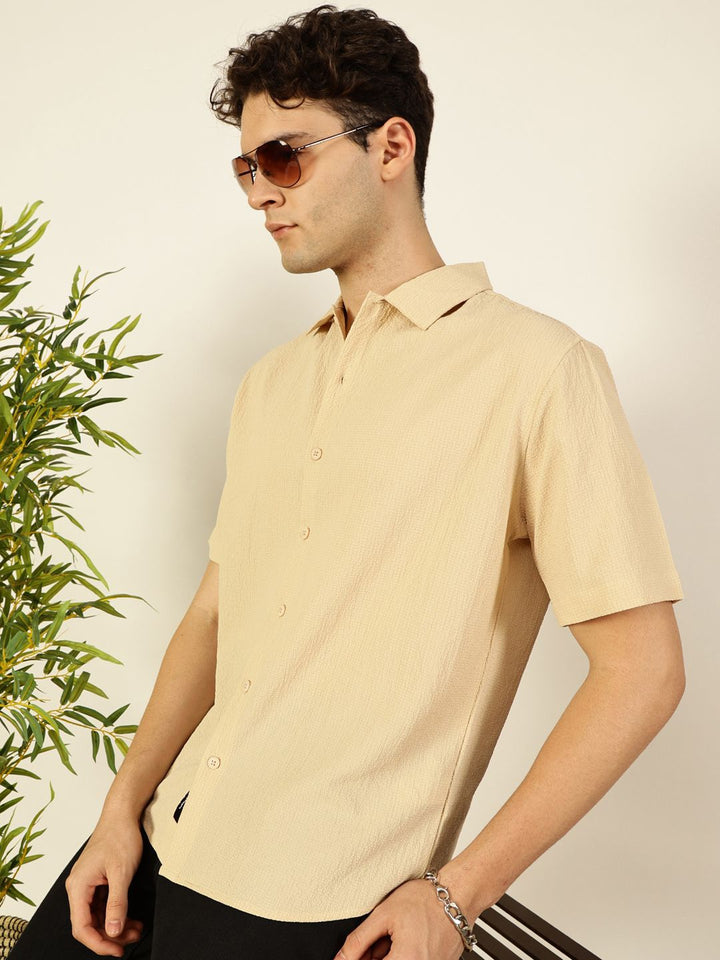 Thomas Scott Men Premium Spread Collar Textured Cotton Casual Shirt