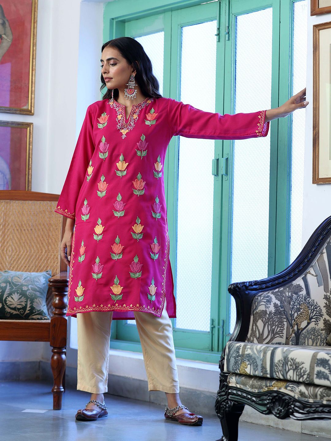 House of Chikankari Women Pink Cotton Aari Sulam Kurta